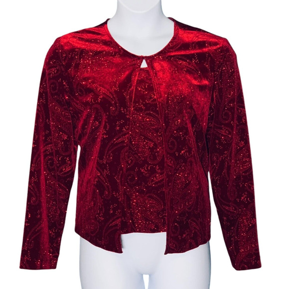 R&K Evening Cardigan & Tank Set Sz 14 Glittery Cocktail Party Stretch Red Velour - Picture 2 of 14